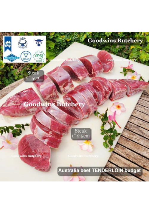 Beef Eye Fillet Mignon Has Dalam TENDERLOIN "A" (budget) frozen Australia NOLAN steak 5cm 2" (price/pack 500g 2pcs)